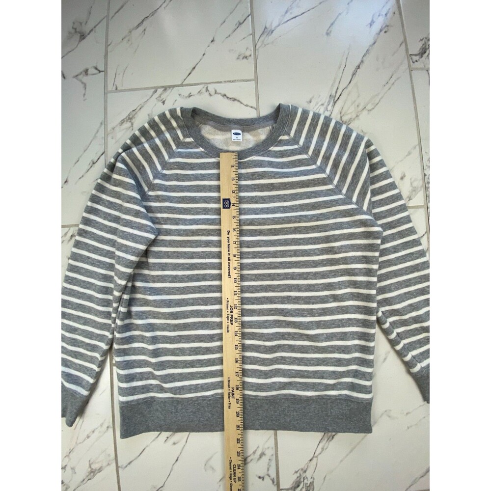 Old Navy Womens Medium Grey White Striped Fleece Crewneck Sweatshirt Pullover - Picture 3 of 7